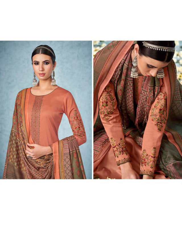 Mumtaz Arts Unstitched Cotton Satin Rust Orange Salwar Suit Material
