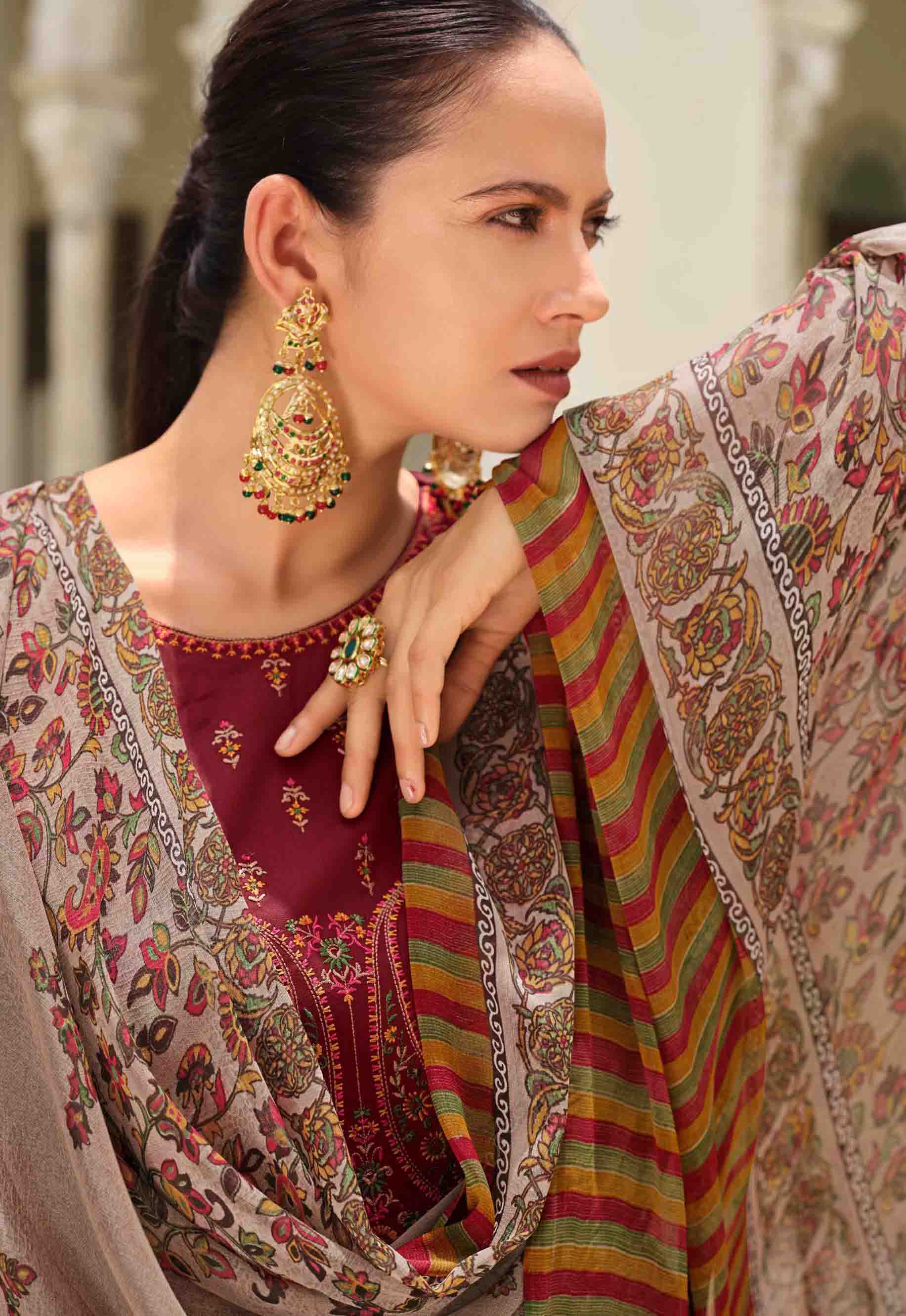 Pure Jam Cotton Unstitched Maroon Women Suits Material with Embroidery