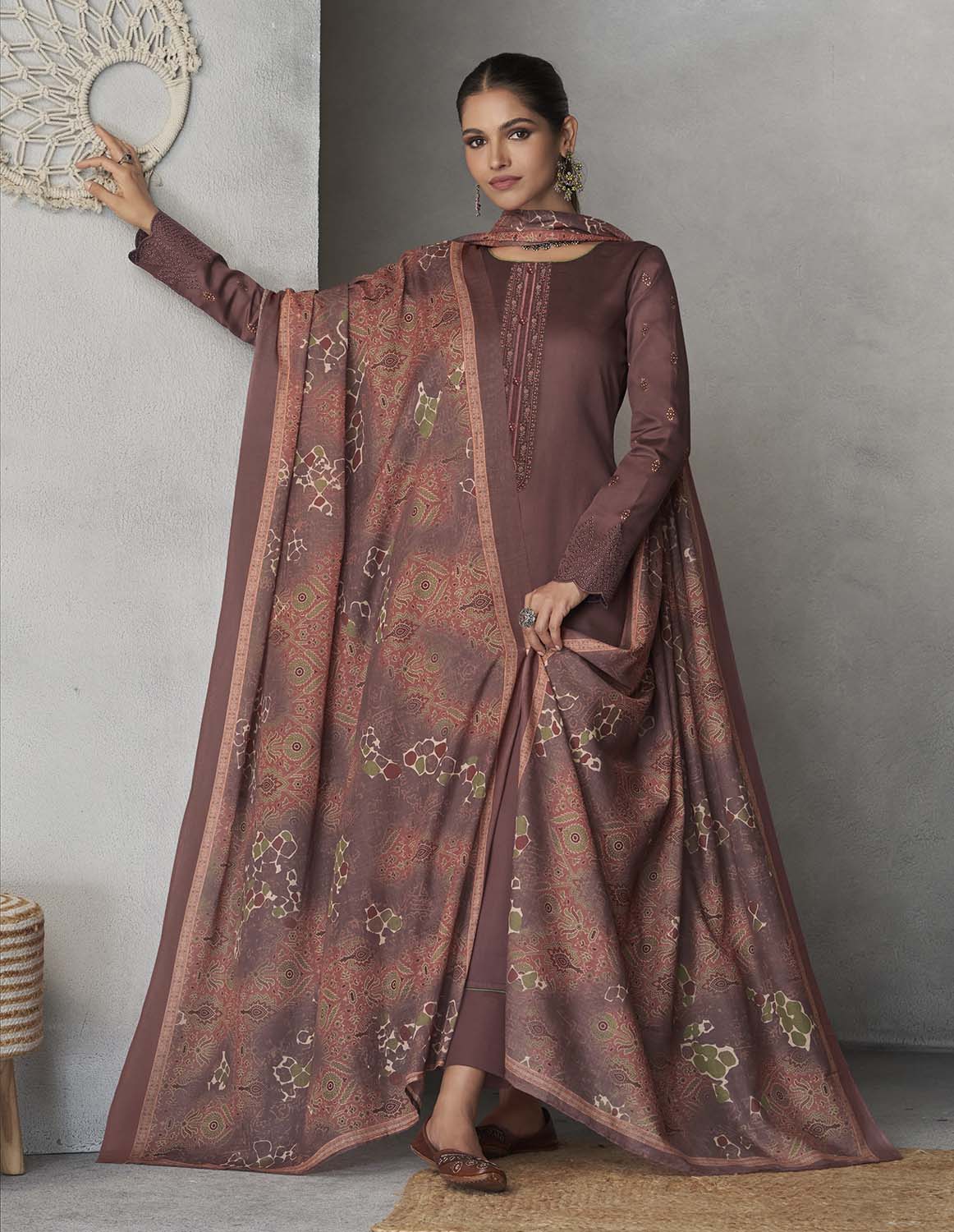 Pure Cotton Satin Unstitched Women Brown Suit Material with Embroidery