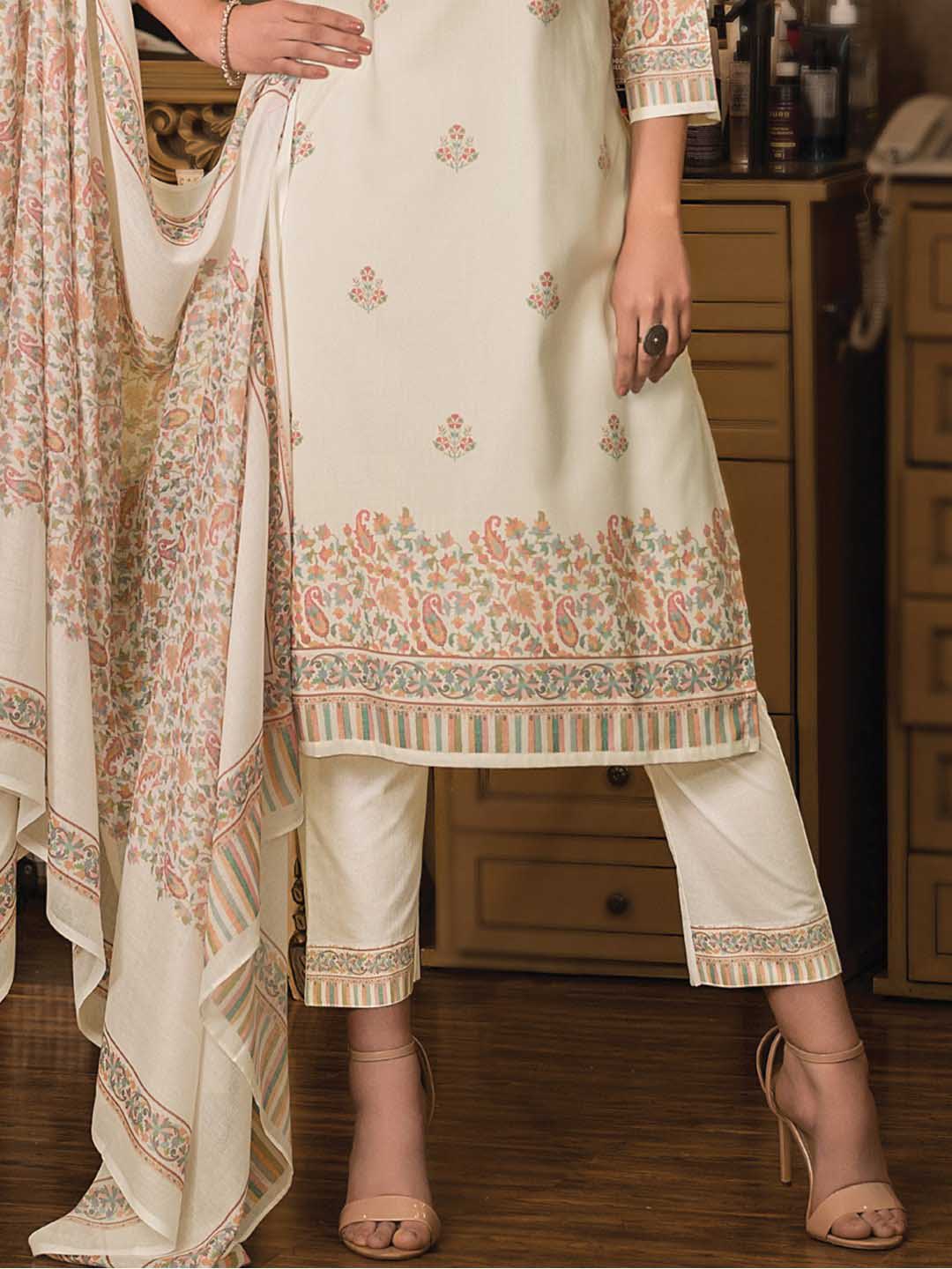 Pure Cotton Printed Unstitched Off-White Women Suits Dress Material