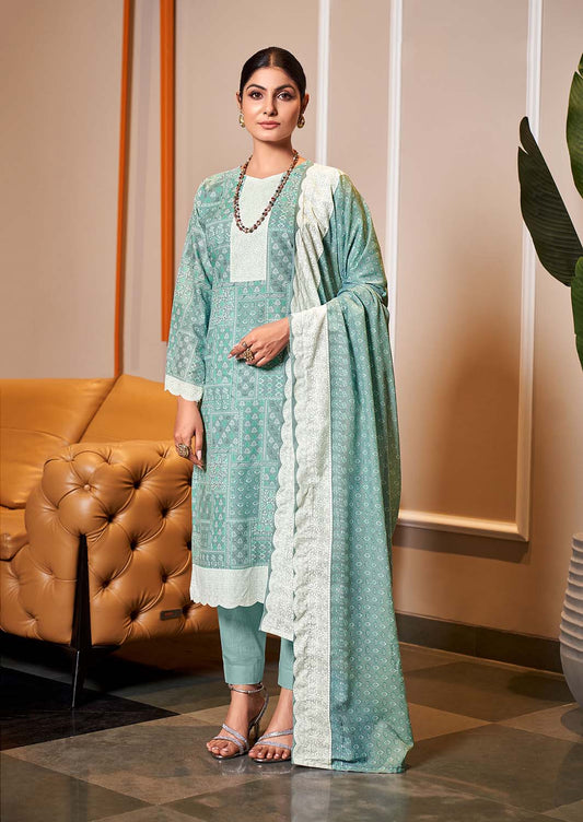 Unstitched Printed Green Pure Cotton Suits Dress Material