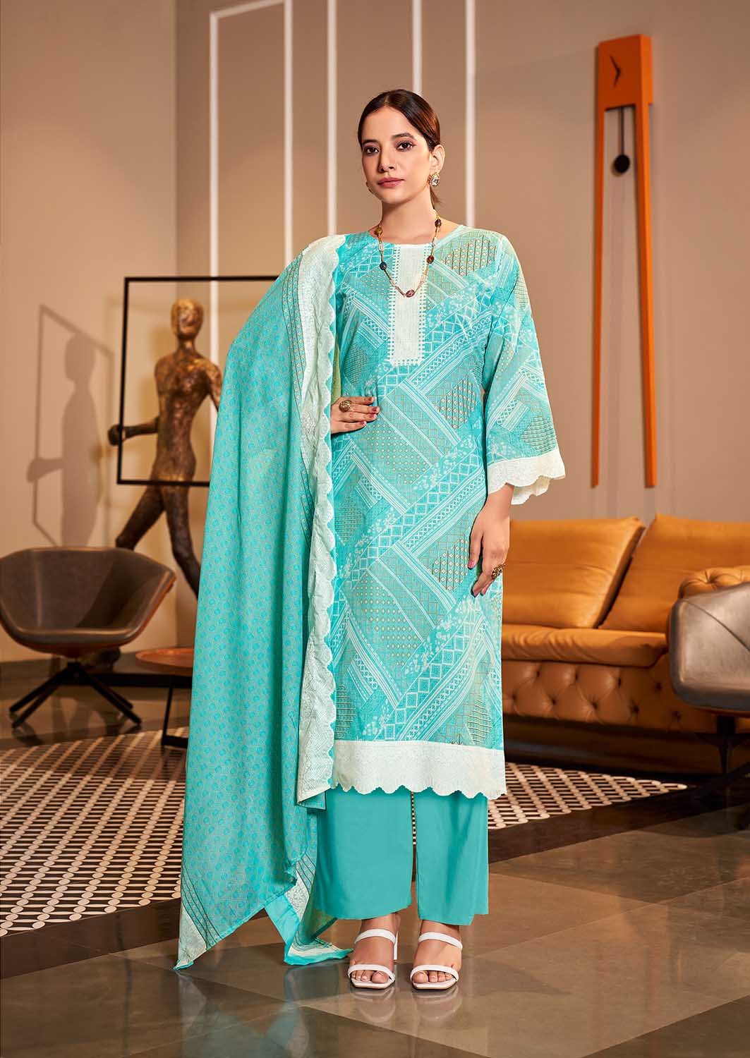 Women Unstitched Printed Pure Cotton Teal Green Suit Dress Material