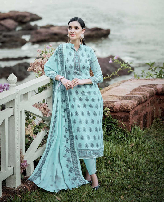 Sargam Unstitched Blue Cotton Suits Dress Materials for Women