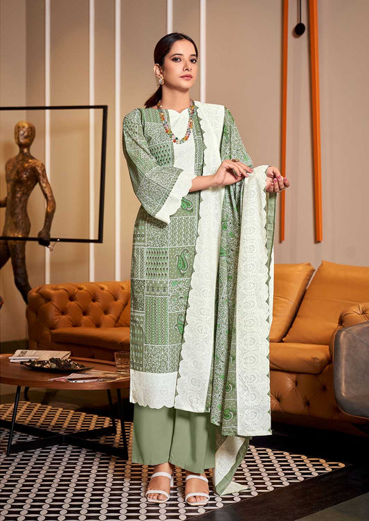 Women Unstitched Printed Pure Cotton Pista Green Suit Dress Material