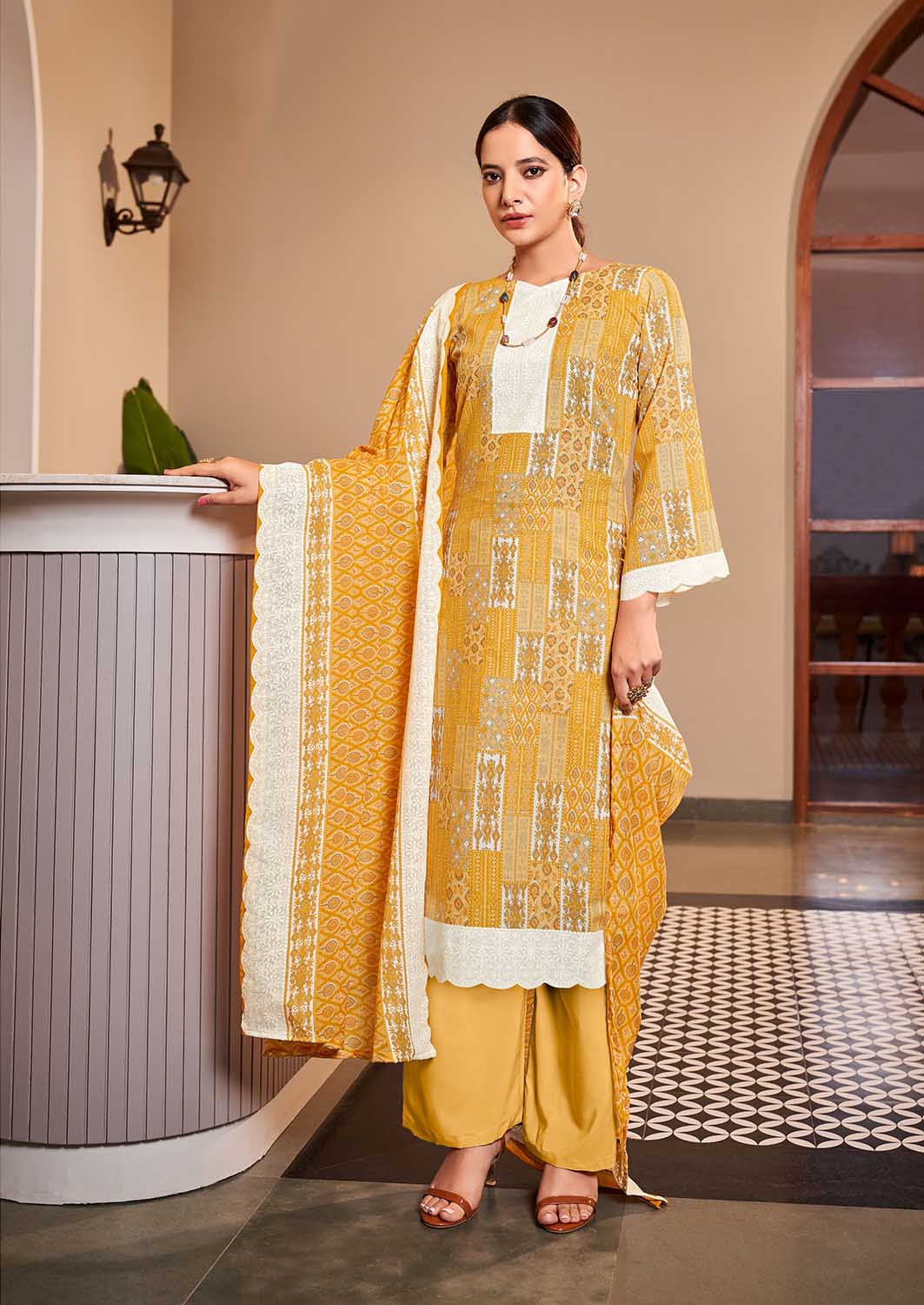 Women Unstitched Printed Pure Cotton Yellow Suit Dress Material