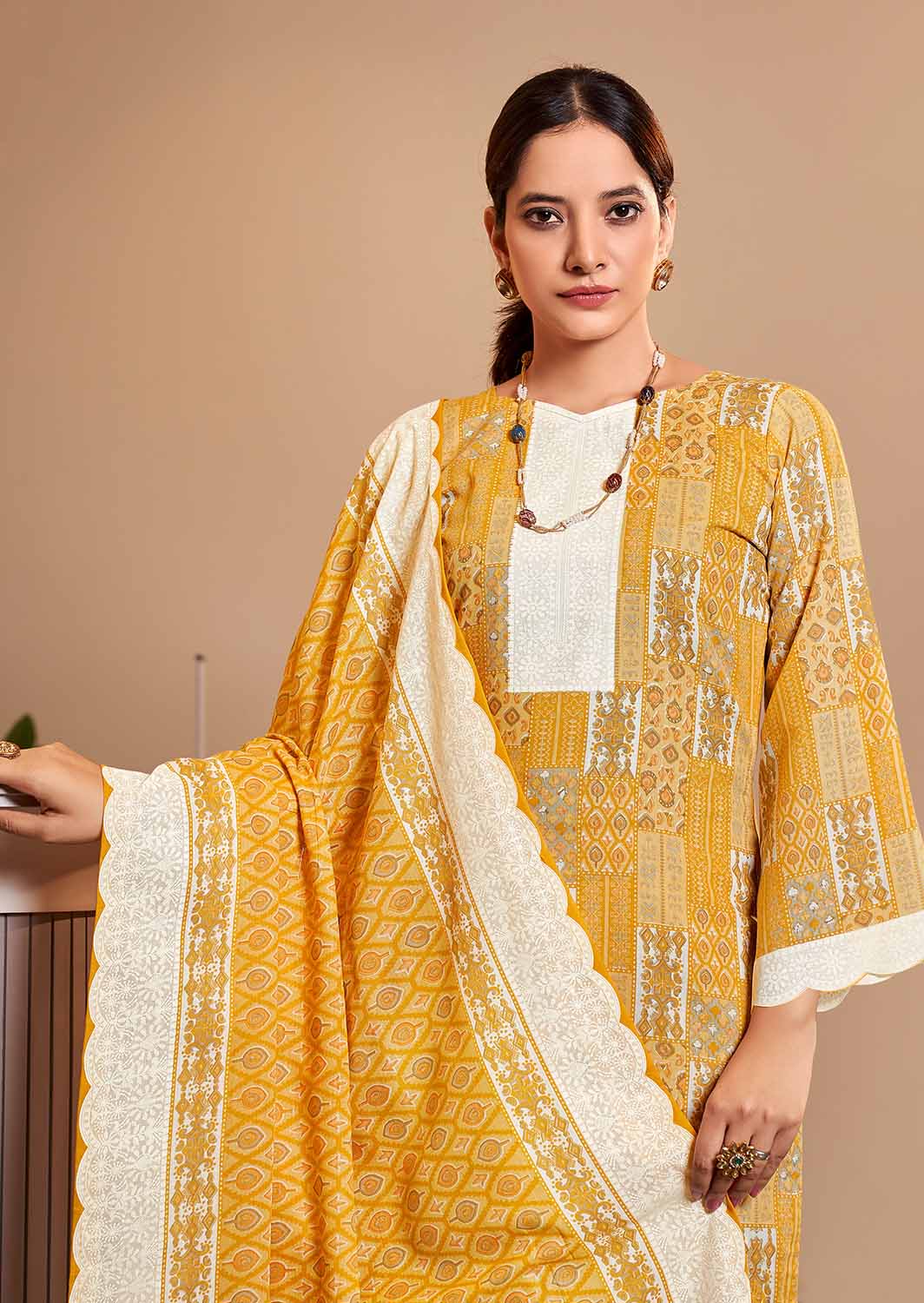 Women Unstitched Printed Pure Cotton Yellow Suit Dress Material