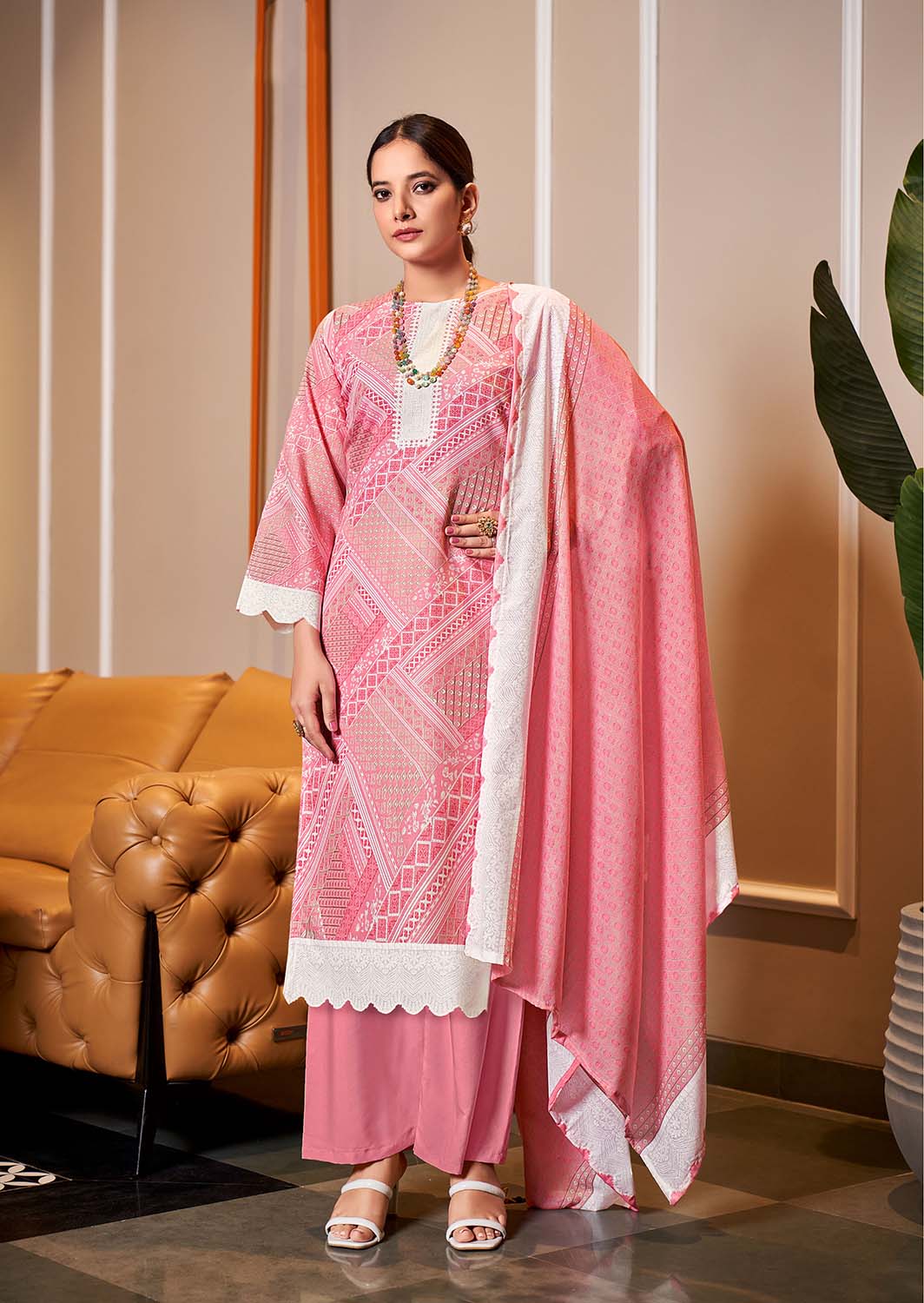 Women Unstitched Printed Pure Cotton Pink Suit Dress Material