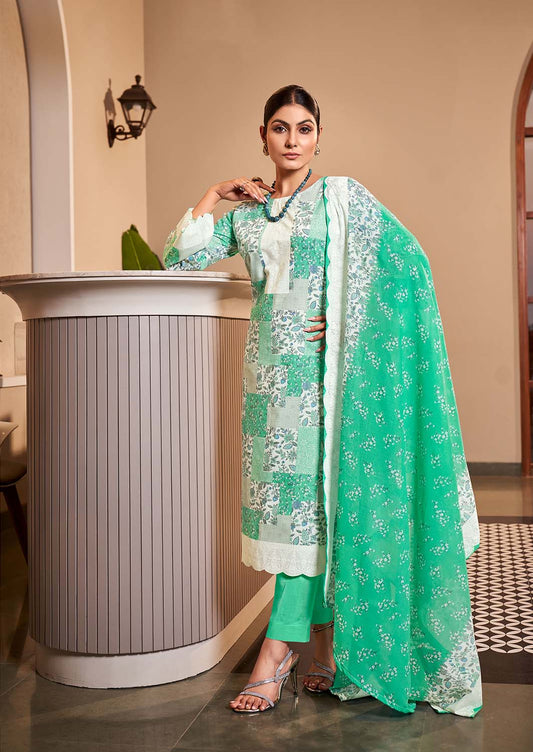 Women Unstitched Printed Pure Cotton Green Suit Dress Material