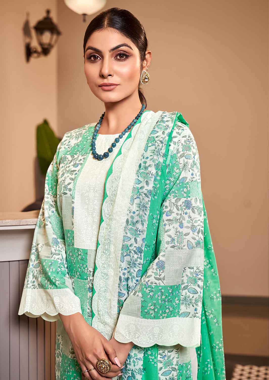 Women Unstitched Printed Pure Cotton Green Suit Dress Material
