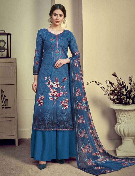 Unstitched Dark Blue Cotton Embroidery Suits Dress Material