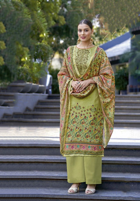 Alok Unstitched Green Cotton Suits Material With Dupatta - Stilento