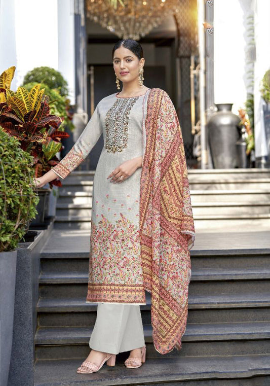 Alok Unstitched Grey Cotton Suits Material With Dupatta - Stilento