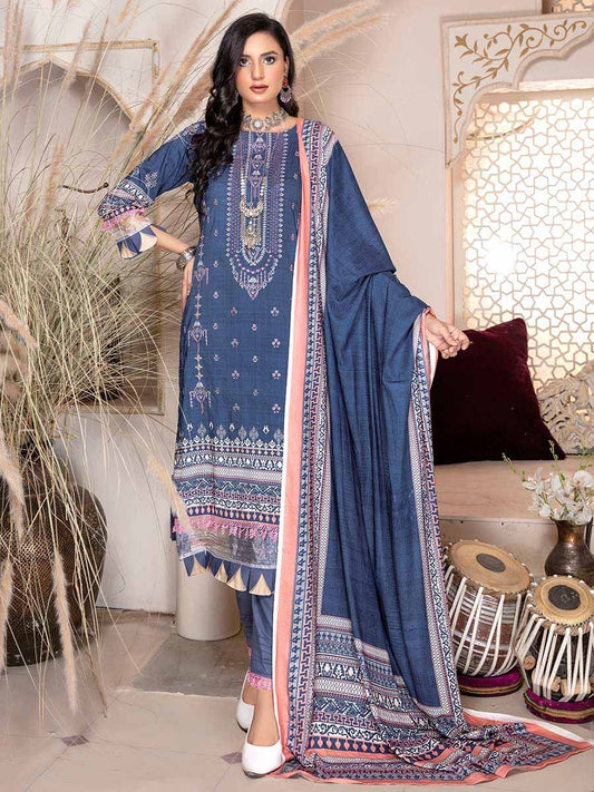Blossom By Aalaya Unstitched Print and Embroidered Blue Winter Pakistani Suit - Stilento