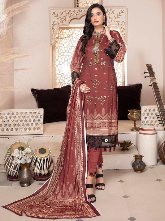 Blossom By Aalaya Unstitched Print and Embroidered Rust Red Winter Pakistani Suit - Stilento