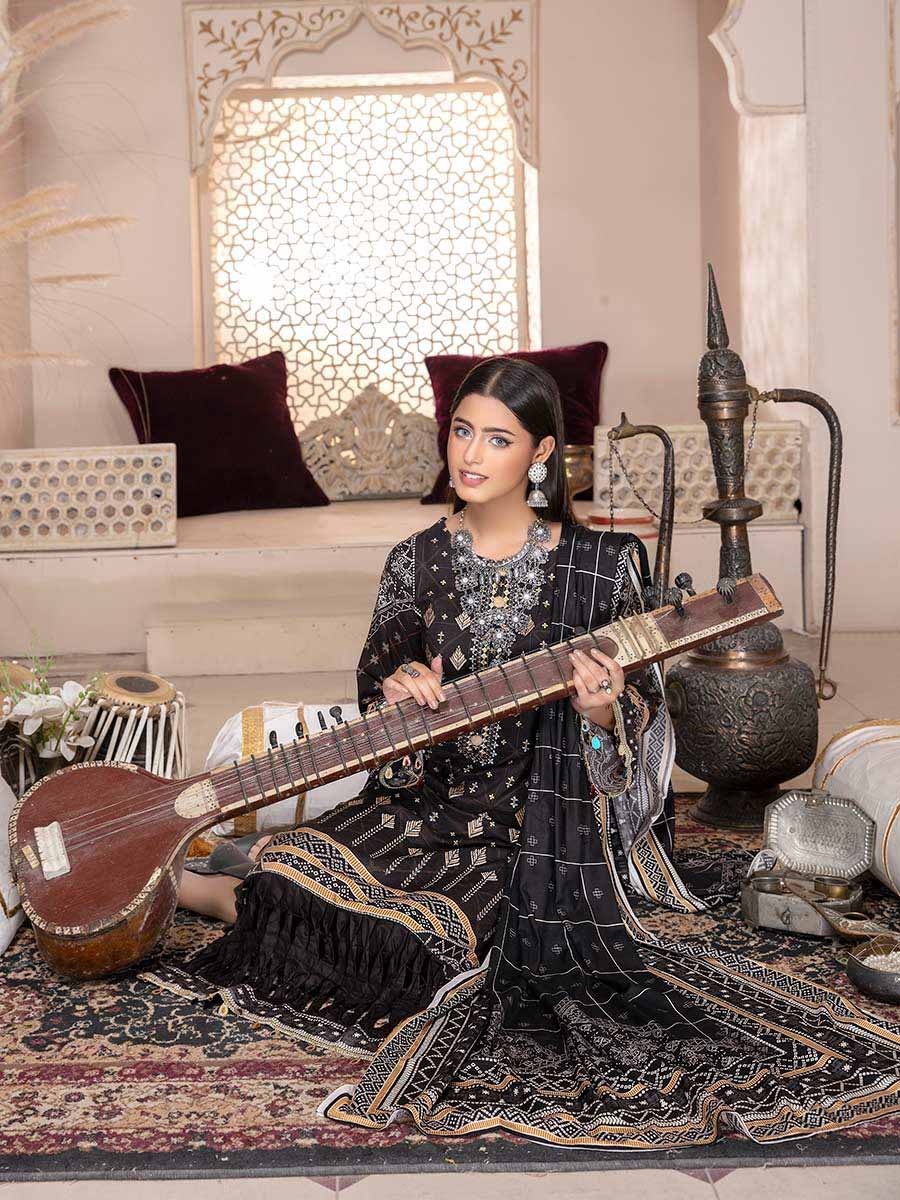 Blossom By Aalaya Unstitched Print and Embroidered Black Winter Pakistani Suit - Stilento