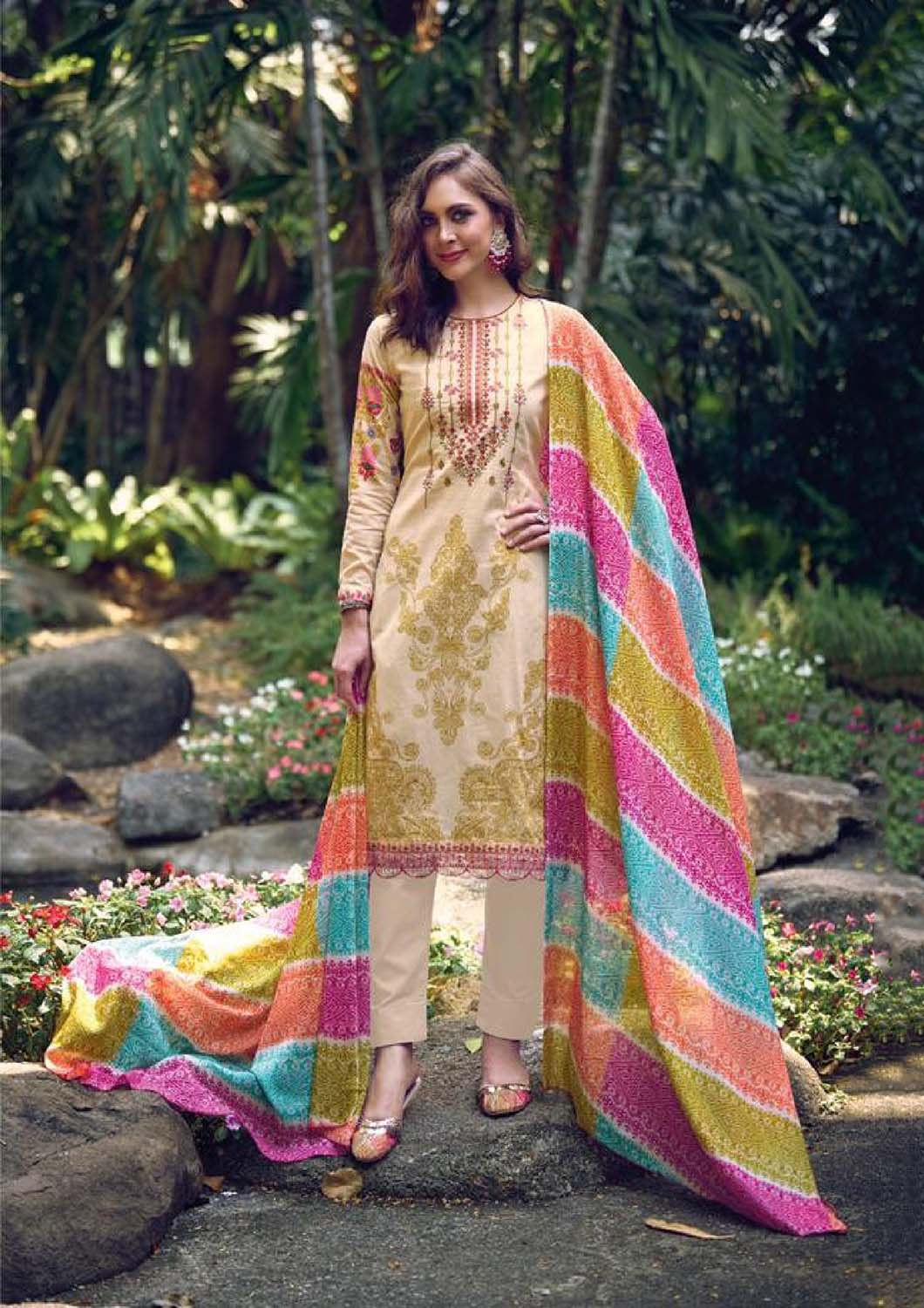 Aqsa Unstitched Cotton Suit Material Printed Embroidered Beige