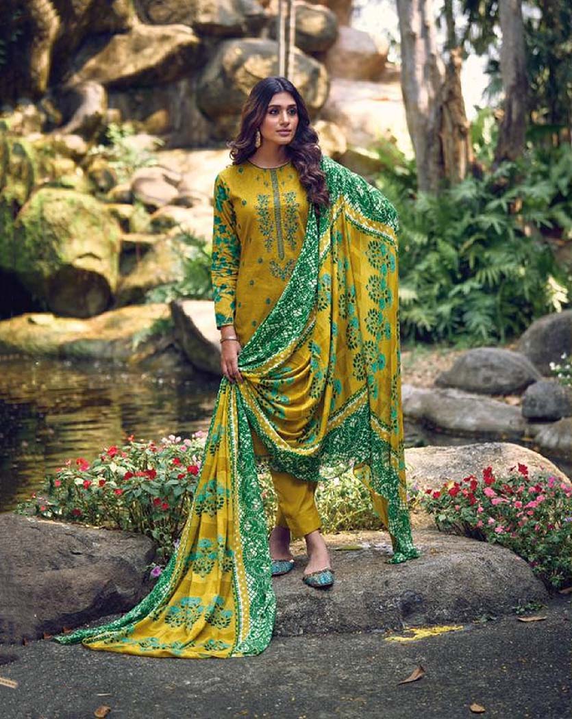 Aqsa Unstitched Cotton Suits Material Printed Embroidered Green