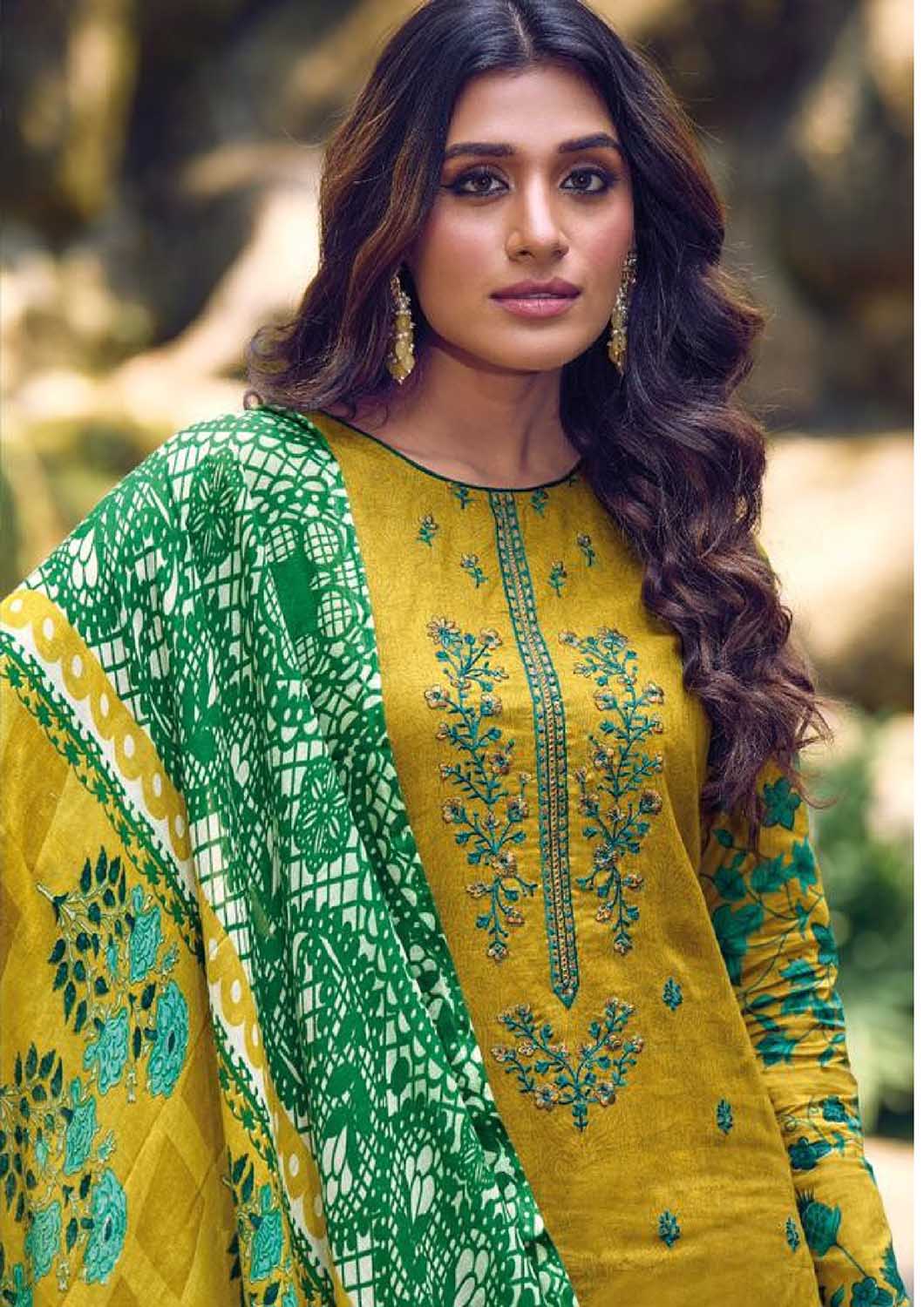 Aqsa Unstitched Cotton Suits Material Printed Embroidered Green