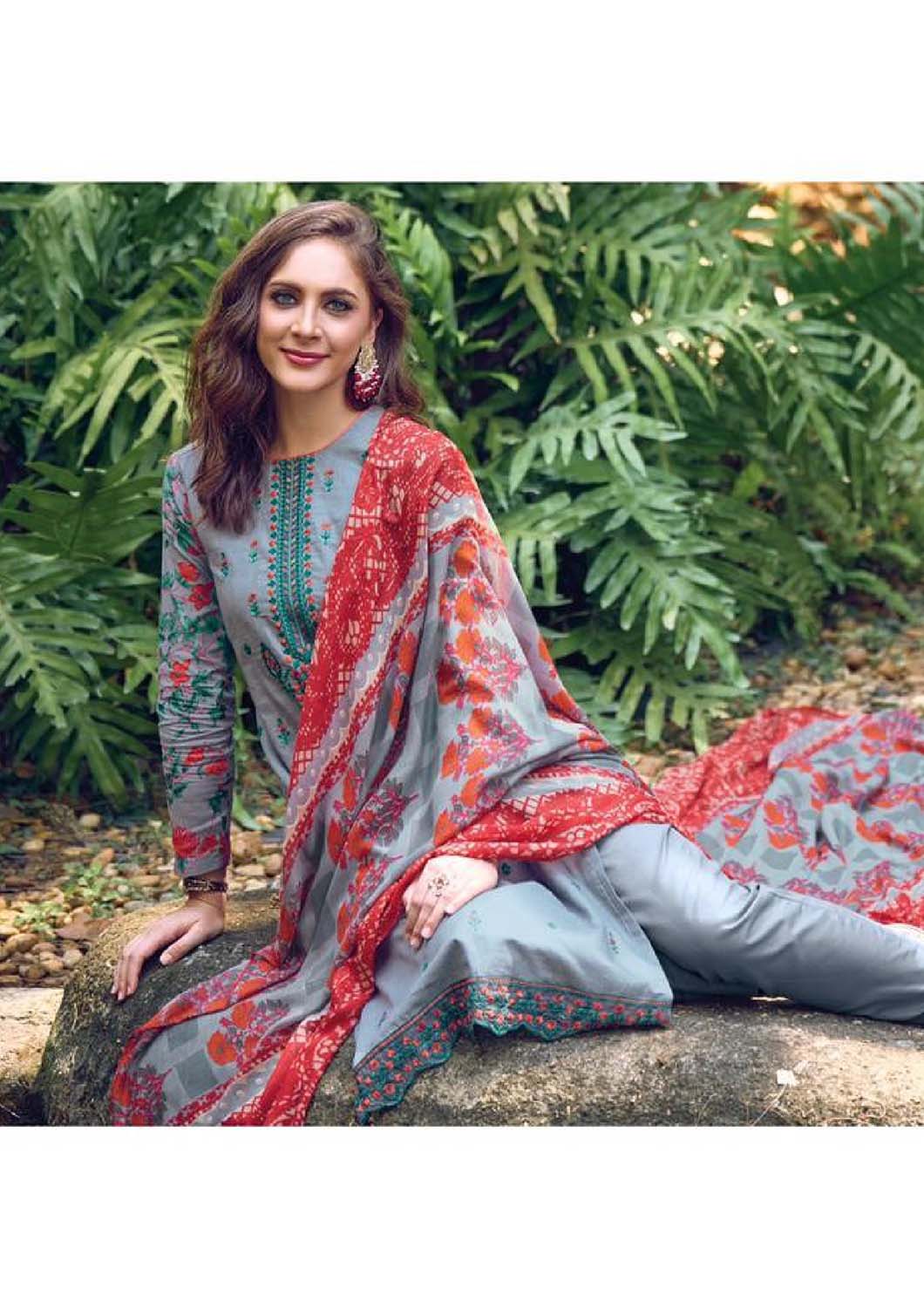 Aqsa Unstitched Cotton Suits Material Printed Embroidered Grey