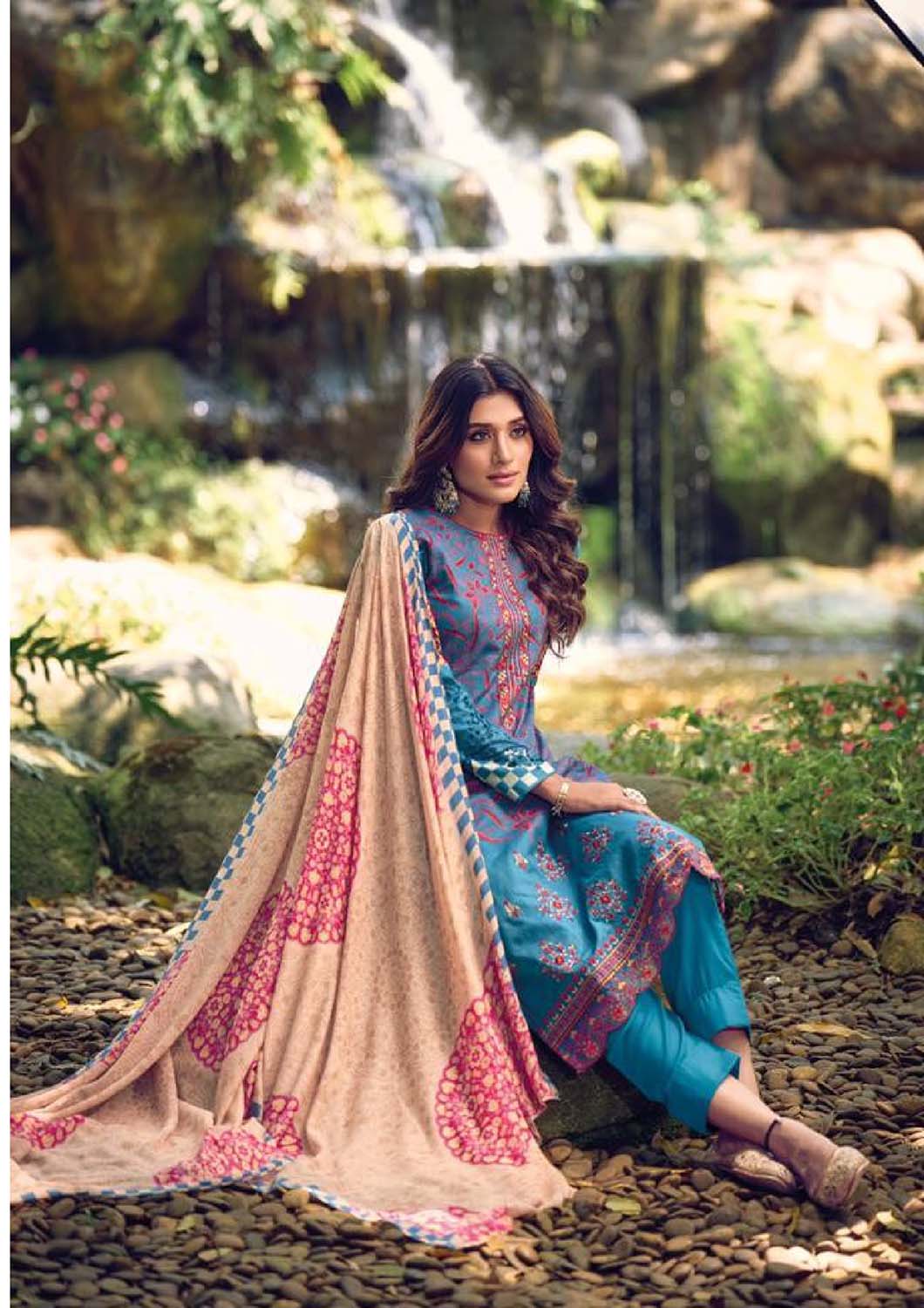 Aqsa Unstitched Cotton Suits Material Printed Embroidered Blue