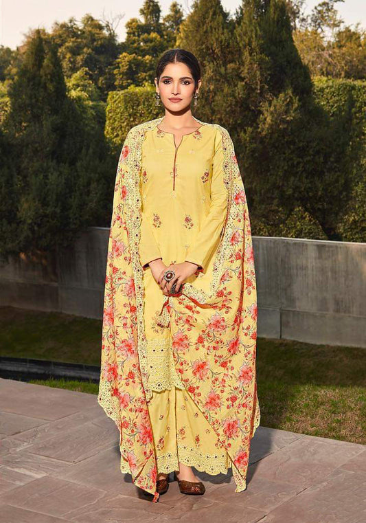 Mumtaz Arts Unstitched Pure Lawn Cotton Yellow Salwar Suit Material