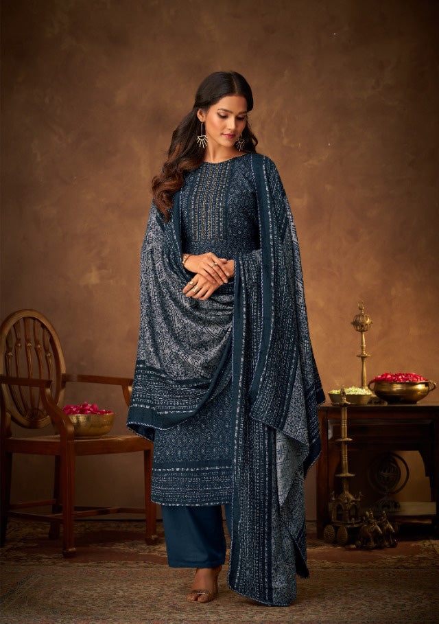 Pure Pashmina Printed Blue Winter Unstitched Salwar Suit - Stilento