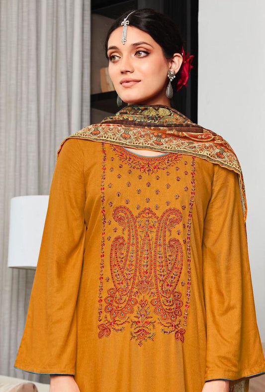 Pure Viscose Staple Pashmina Unstitched Winter Suits with Velvet Dupatta