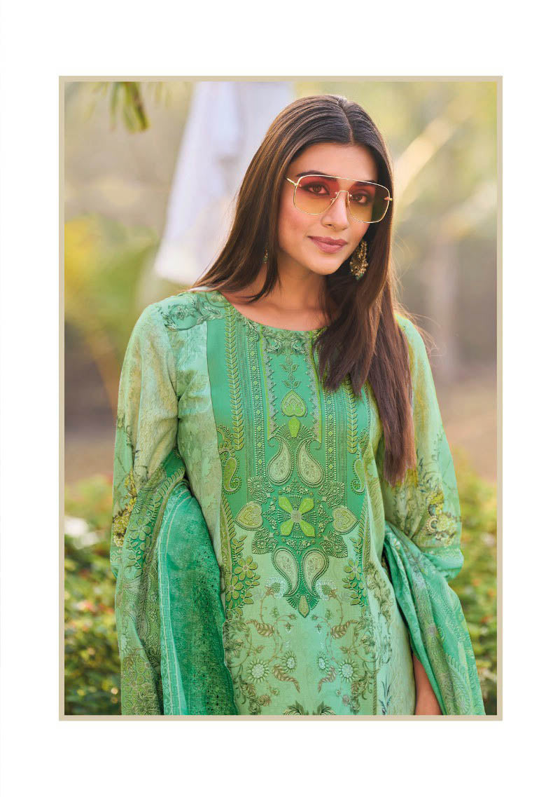 Aqsa Lawn Cotton Pakistani Print Unstitched Suit with Embroidery Green