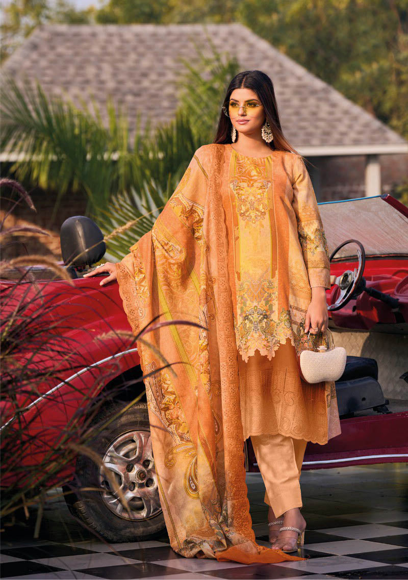 Aqsa Lawn Cotton Pakistani Print Unstitched Suit with Embroidery Orange