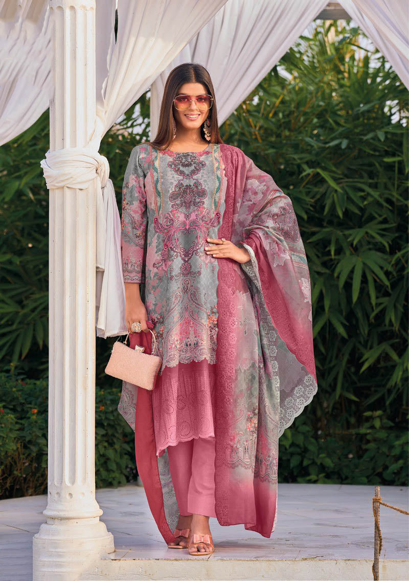 Aqsa Lawn Cotton Pakistani Print Unstitched Suit with Embroidery Pink
