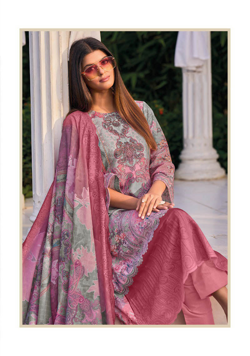 Aqsa Lawn Cotton Pakistani Print Unstitched Suit with Embroidery Pink