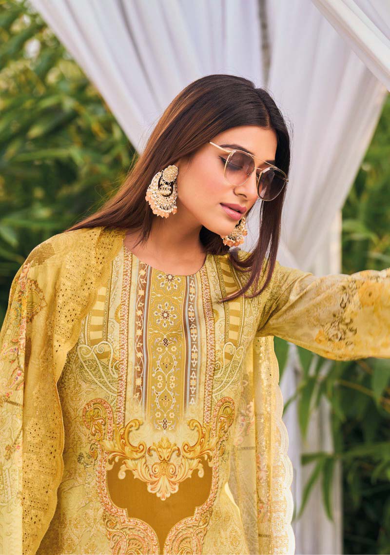 Aqsa Lawn Cotton Pakistani Print Unstitched Suit with Embroidery Yellow
