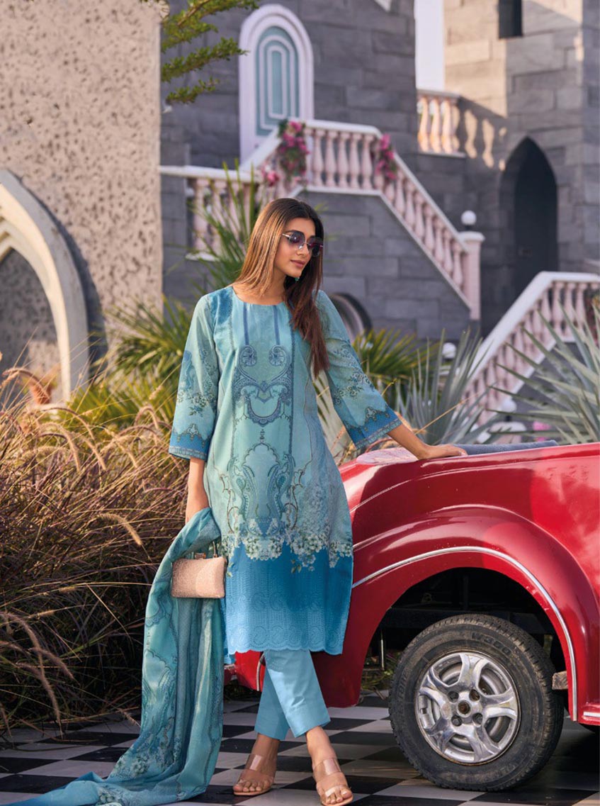 Aqsa Lawn Cotton Pakistani Print Unstitched Suit with Embroidery Blue