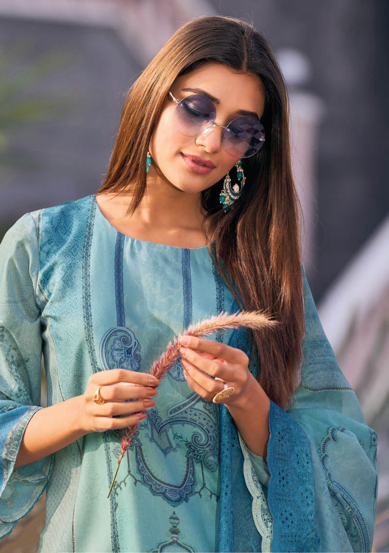 Aqsa Lawn Cotton Pakistani Print Unstitched Suit with Embroidery Blue