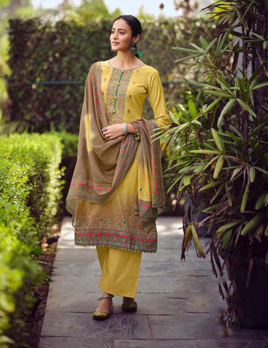 Pure Lawn Cotton Yellow Unstitched Suit Material for Women