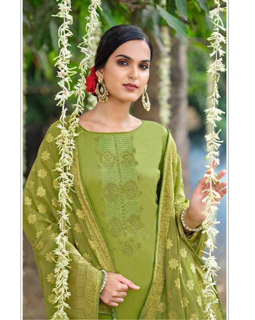 Cotton Unstitched Green Salwar Suit Material for Women