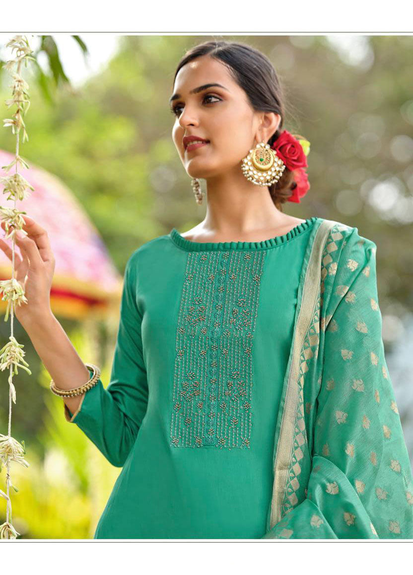 Alok Cotton Unstitched Green Salwar Suits Material for Women