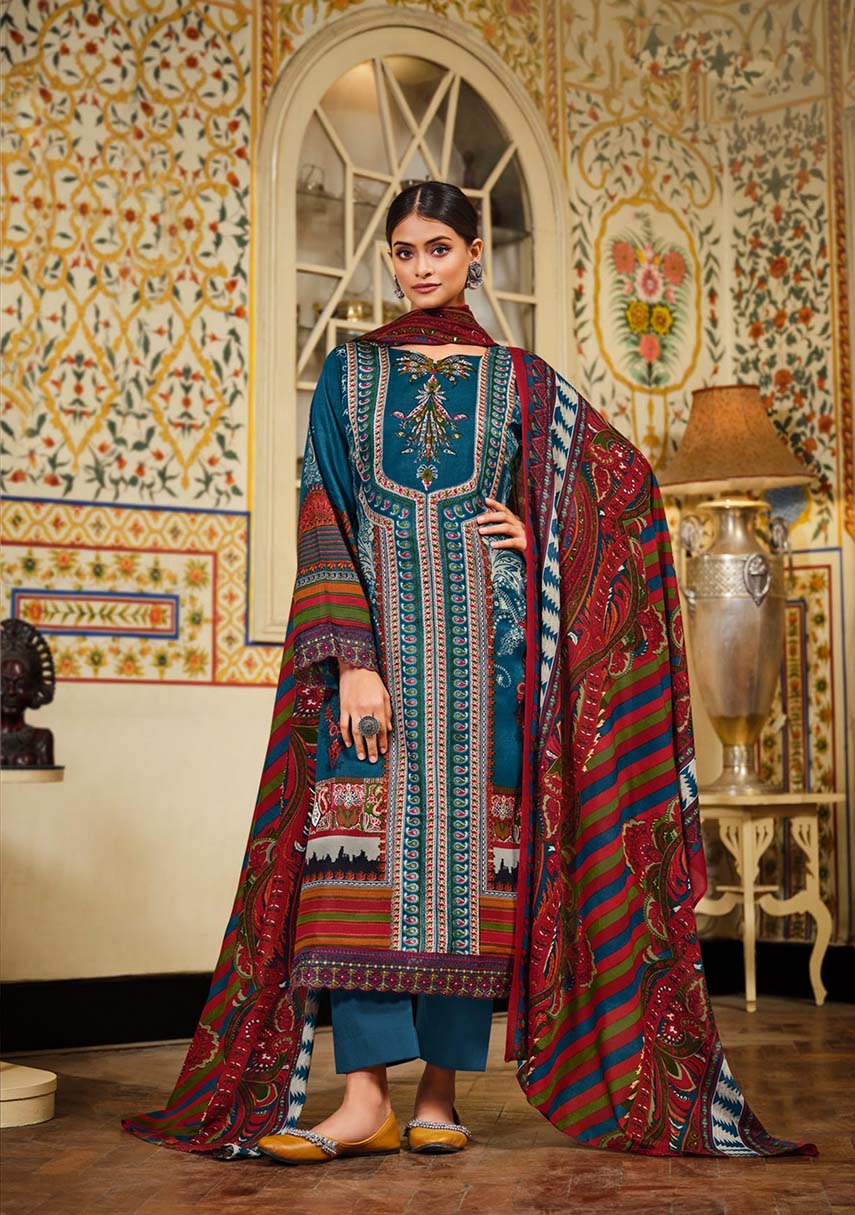 Belliza Blue Pakistani Print Unstitched Cotton Suit Dress Material