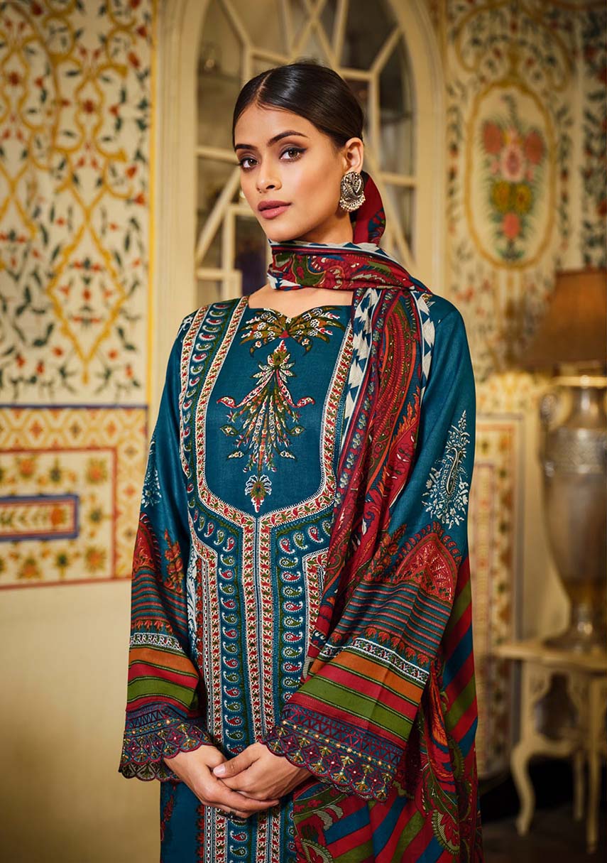 Belliza Blue Pakistani Print Unstitched Cotton Suit Dress Material