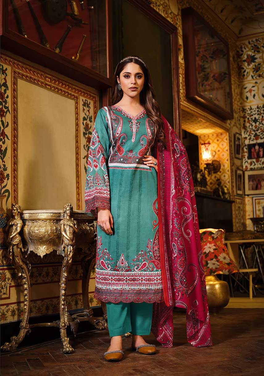 Women Pakistani Teal Green Unstitched Cotton Suit Dress Material