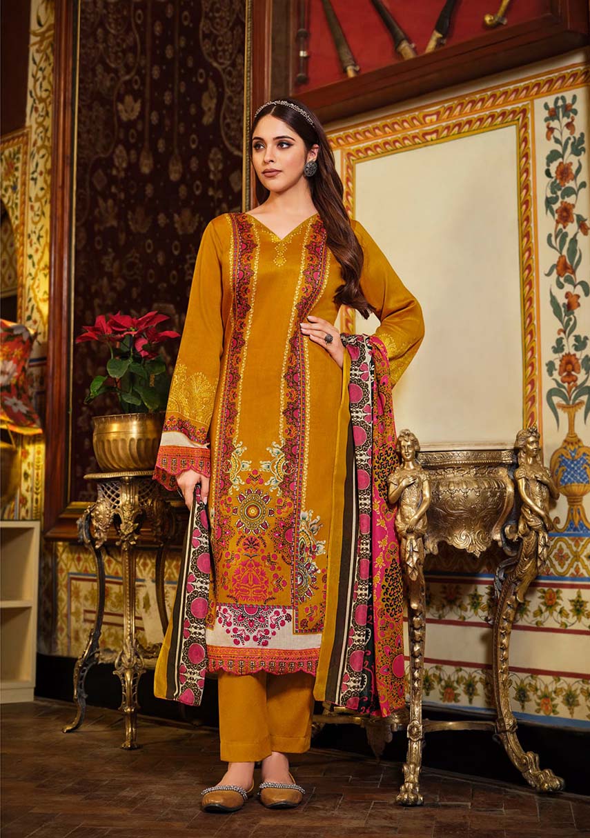 Women Pakistani Print Mustard Unstitched Cotton Suit Dress Material