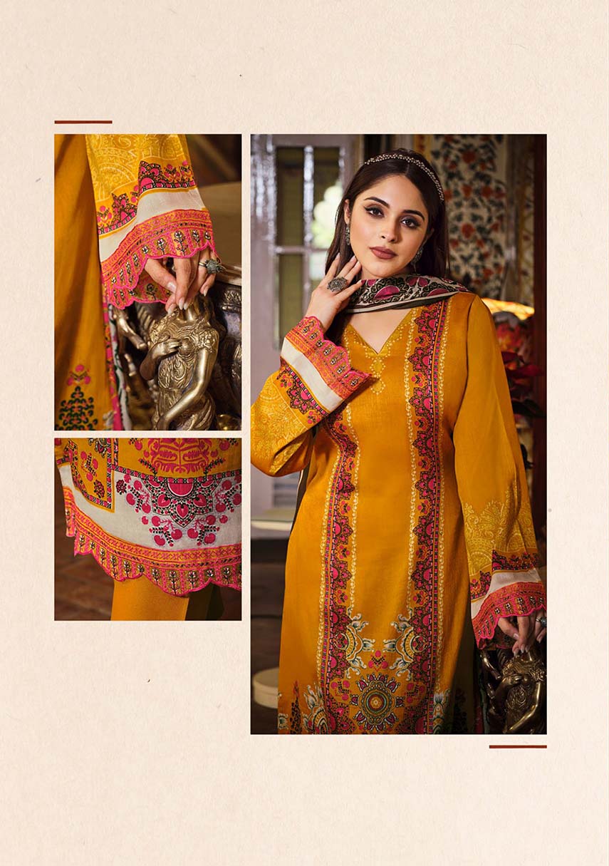Women Pakistani Print Mustard Unstitched Cotton Suit Dress Material
