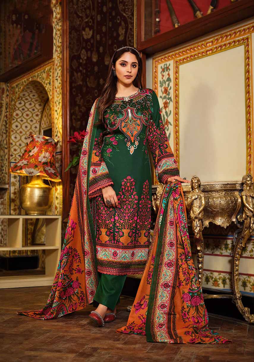 Women Pakistani Dark Green Unstitched Cotton Suit Dress Material