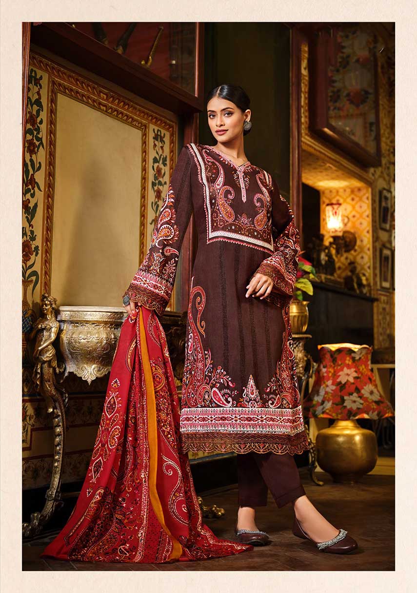 Women Pakistani Print Brown Unstitched Cotton Suit Dress Material