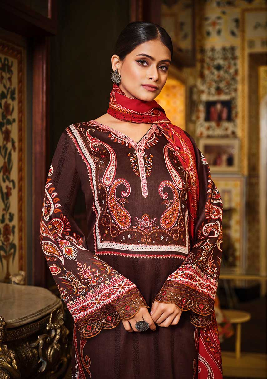 Women Pakistani Print Brown Unstitched Cotton Suit Dress Material