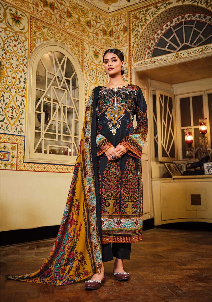 Women Pakistani Print Black Unstitched Cotton Suit Dress Material
