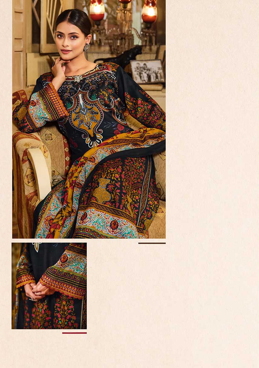 Women Pakistani Print Black Unstitched Cotton Suit Dress Material