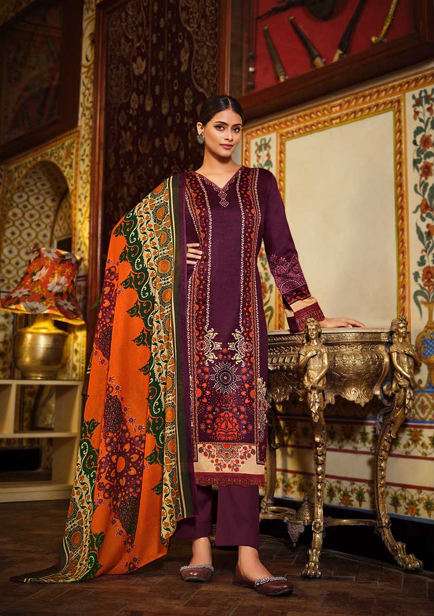 Women Pakistani Print Purple Unstitched Cotton Suit Dress Material