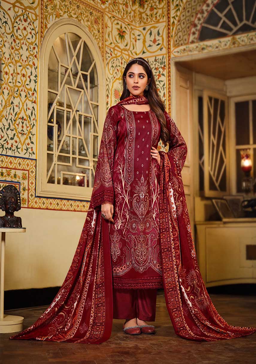 Women Pakistani Print Red Unstitched Cotton Suit Dress Material