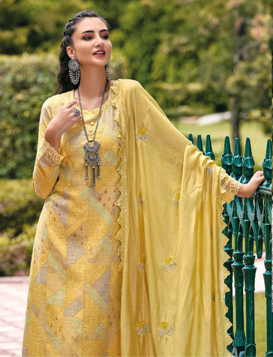 Kilory Pure Pashmina Yellow Winter Unstitched Suits Set